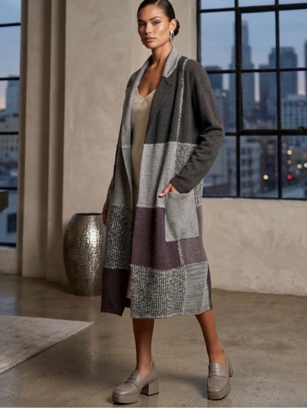 NIC+ZOE $218 Bohemian Patchwork Gray Marion Knit Duster Cardigan Sweater Coat M